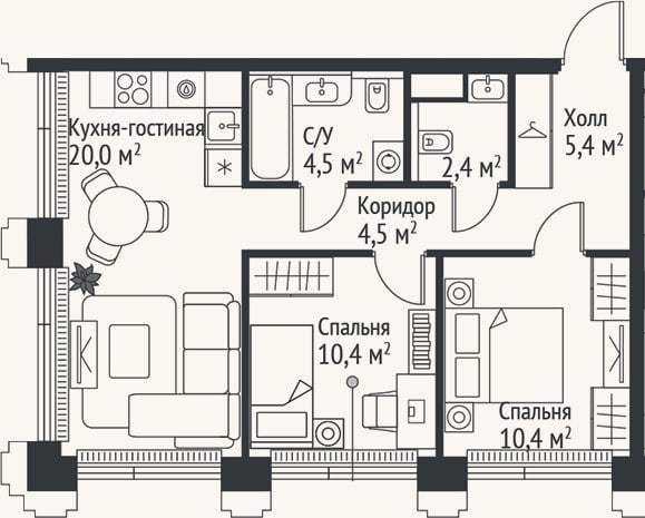Планировка: 3-к, 57,6 м²