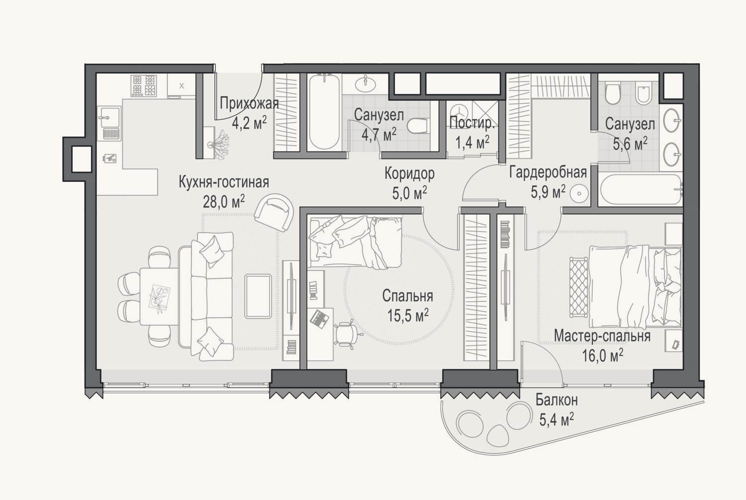 Планировка: 3-к, 86,4 м²