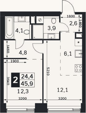 Планировка: 2-к, 45,9 м²