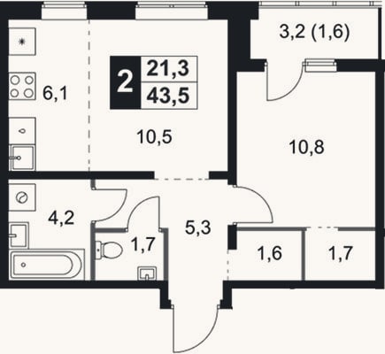 Планировка: 2-к, 41,9 м²
