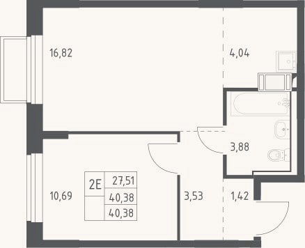 Планировка: 2-к, 40,4 м²