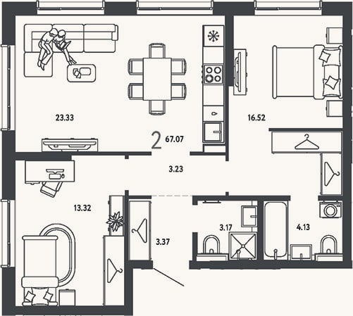 Планировка: 2-к, 67,1 м²