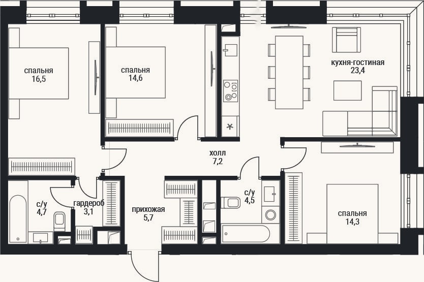 Планировка: 4+ к, 94 м²