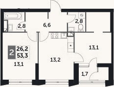 Планировка: 2-к, 51,6 м²