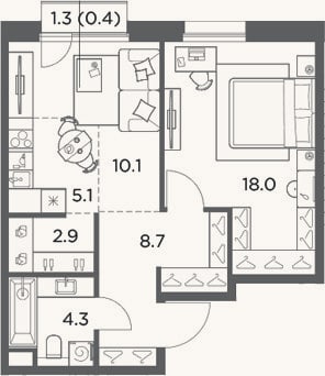 Планировка: 2-к, 49,1 м²