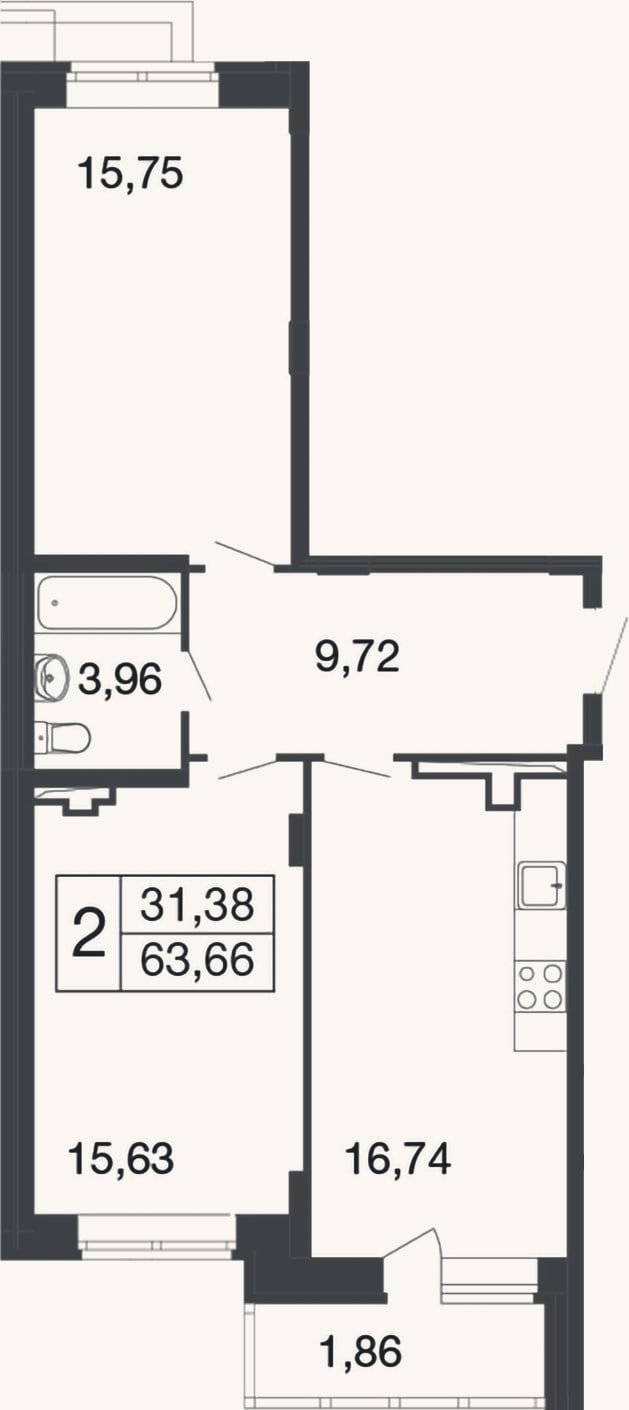 Планировка: 2-к, 61,8 м²