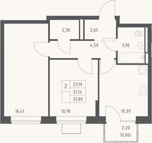 Планировка: 2-к, 51,1 м²