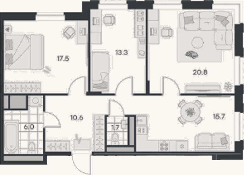 Планировка: 3-к, 85,6 м²
