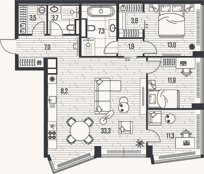 Планировка: 4+ к, 105 м²