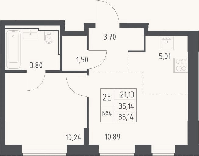 Планировка: 2-к, 35,1 м²