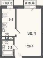 Планировка: 1-к, 29,8 м²