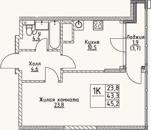 Планировка: 1-к, 43,3 м²