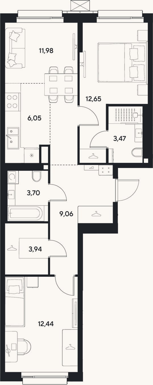 Планировка: 3-к, 63,3 м²