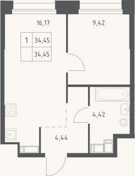Планировка: 2-к, 34,5 м²