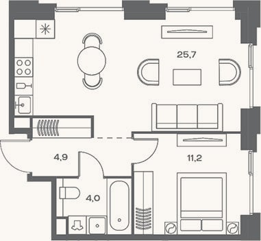 Планировка: 2-к, 45,8 м²