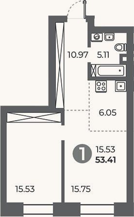 Планировка: 1-к, 53,4 м²