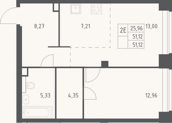 Планировка: 2-к, 51,1 м²