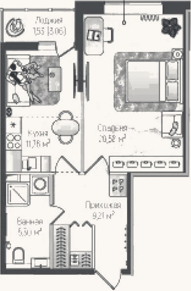 Планировка: 2-к, 46,8 м²