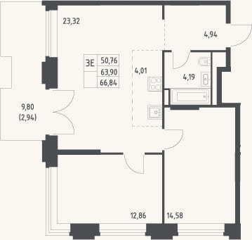 Планировка: 3-к, 63,9 м²
