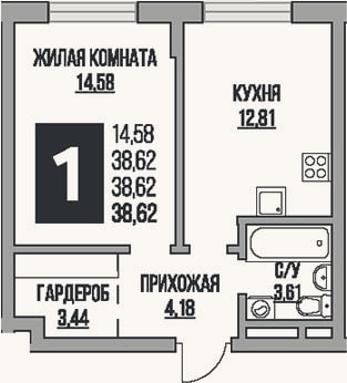Планировка: 1-к, 38,6 м²