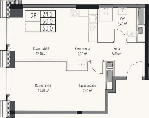 Планировка: 2-к, 50 м²