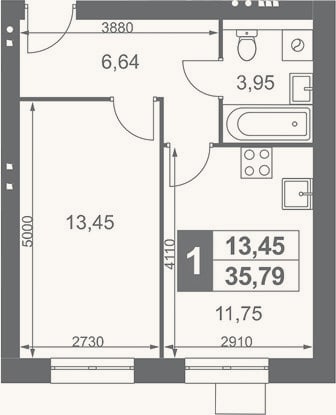 Планировка: 1-к, 35,8 м²