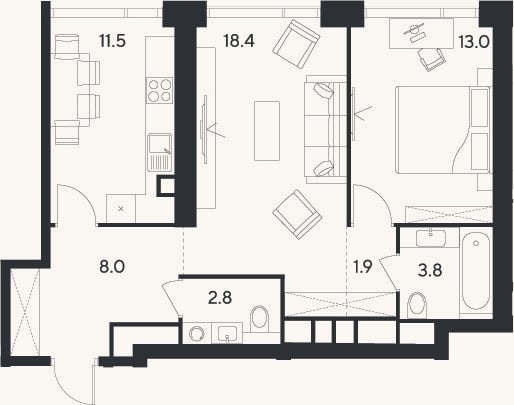 Планировка: 2-к, 59,4 м²