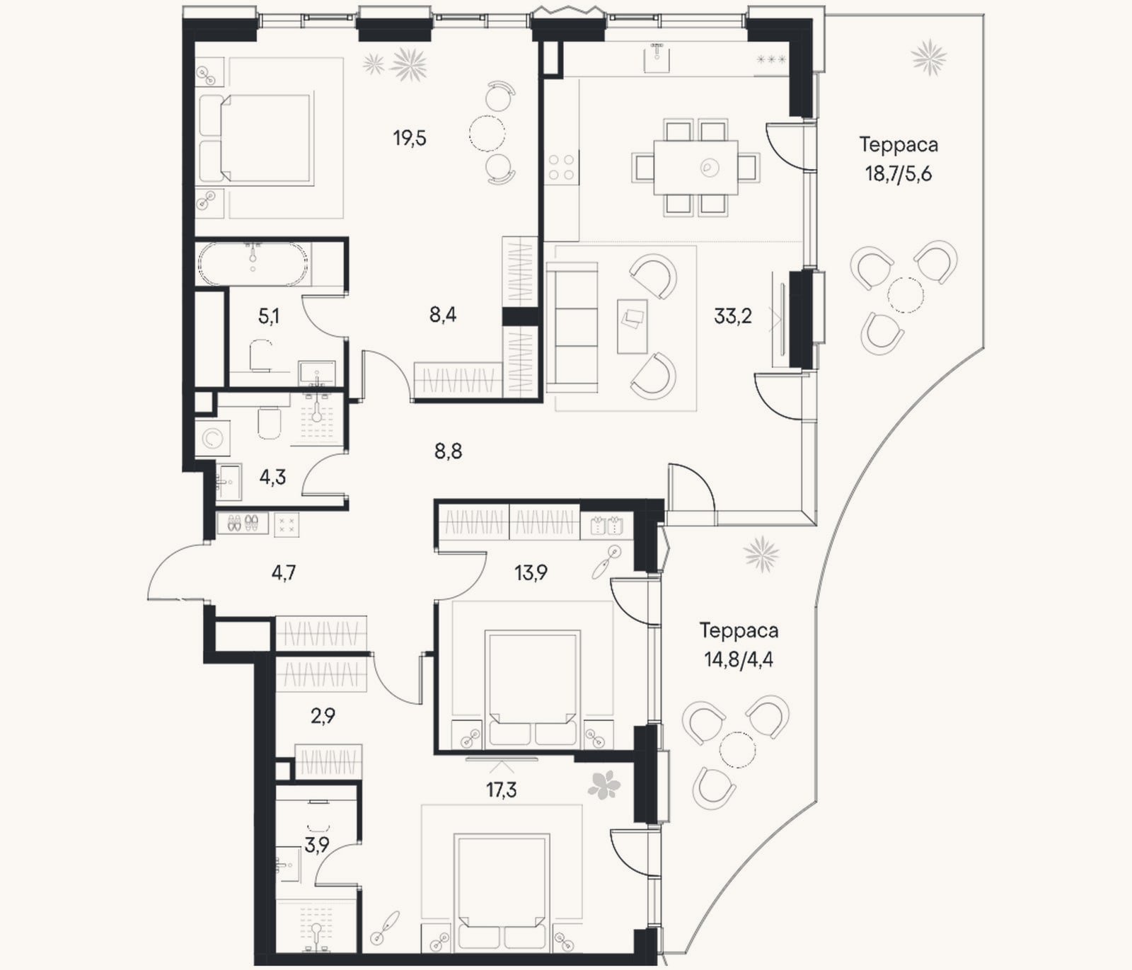 Планировка: 4+ к, 122 м²