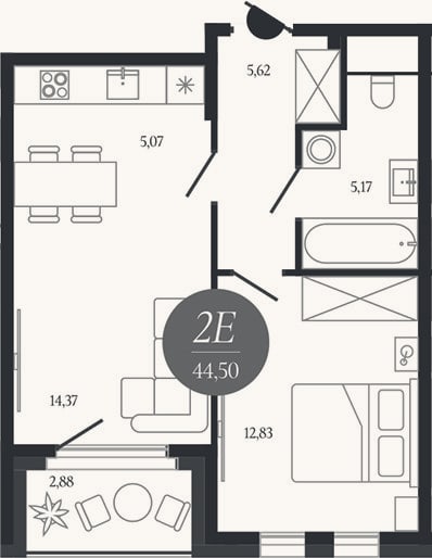 Планировка: 2-к, 43,1 м²