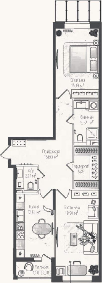 Планировка: 2-к, 75,6 м²