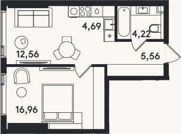 Планировка: 2-к, 44 м²