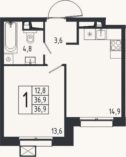 Планировка: 1-к, 36,9 м²