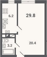 Планировка: 1-к, 29,8 м²