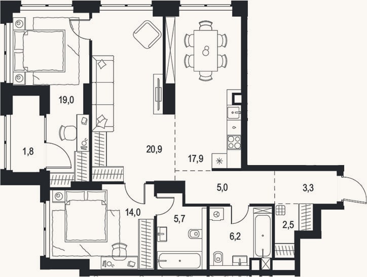 Планировка: 3-к, 94,5 м²