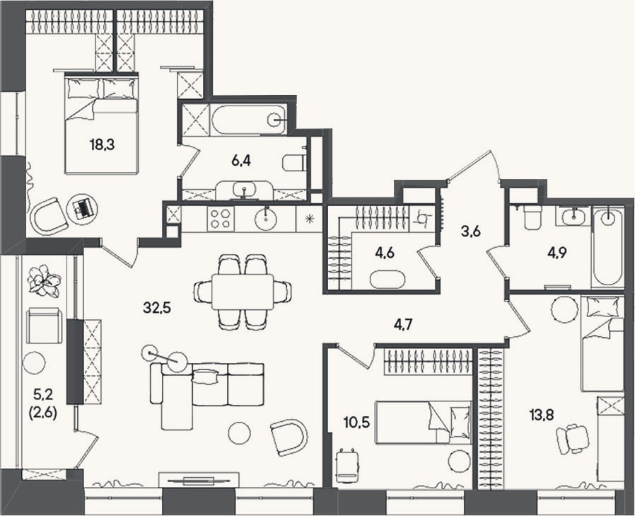 Планировка: 4+ к, 99,3 м²