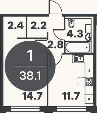 Планировка: 1-к, 38,1 м²