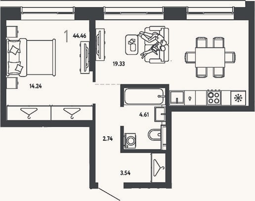 Планировка: 1-к, 44,5 м²