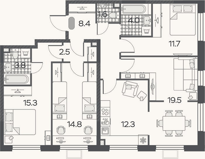 Планировка: 4+ к, 93,9 м²