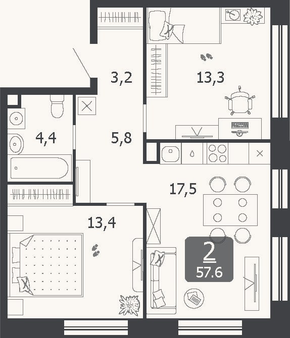 Планировка: 3-к, 57,6 м²