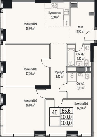 Планировка: 4+ к, 100 м²