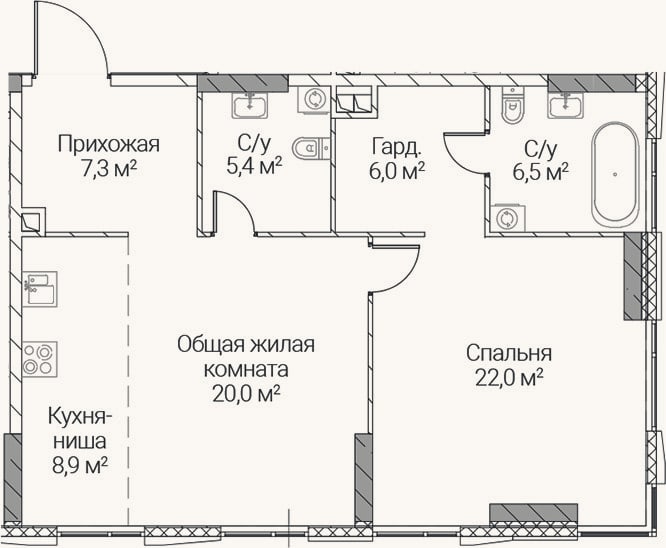 Планировка: 2-к, 76,1 м²