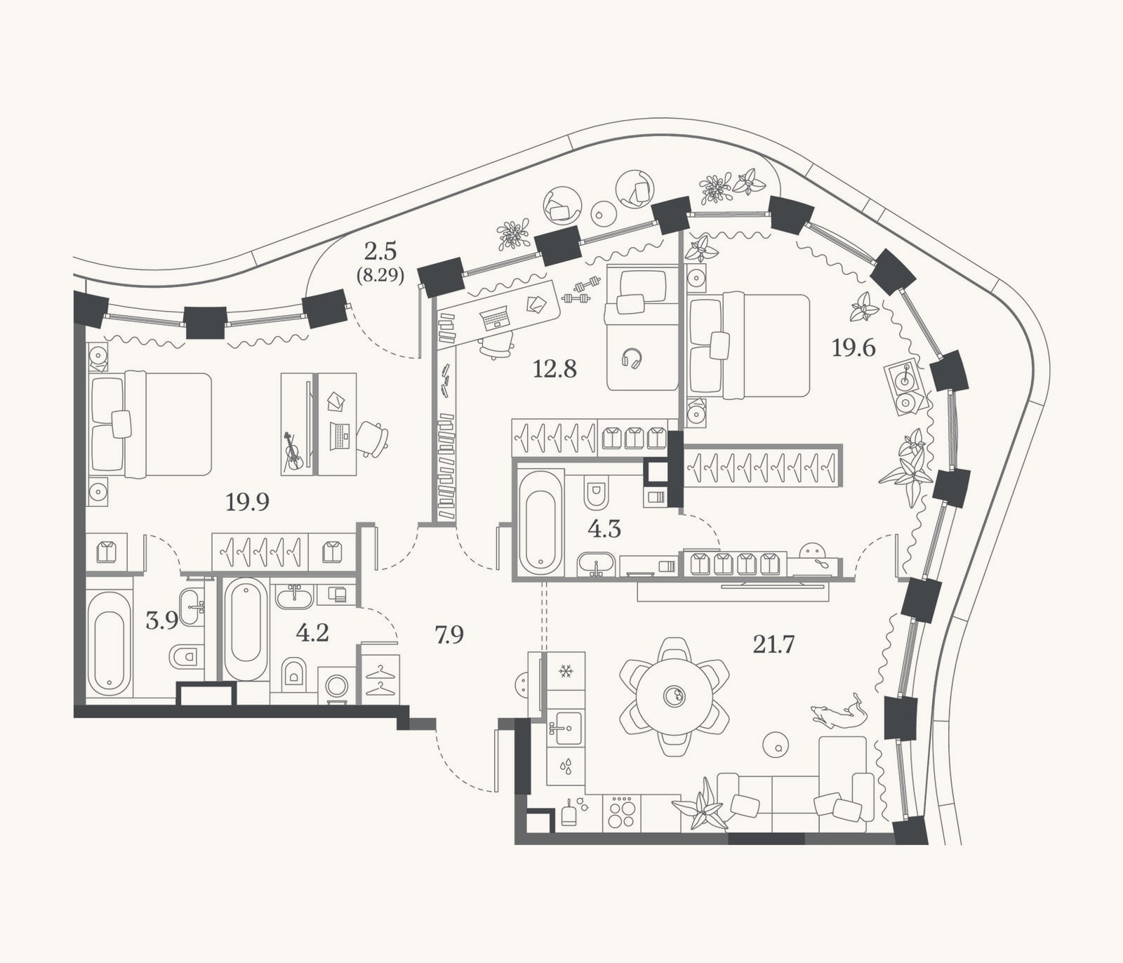 Планировка: 3-к, 94,3 м²