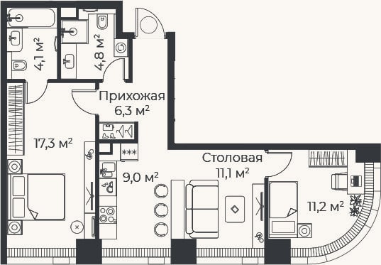 Планировка: 3-к, 63,8 м²