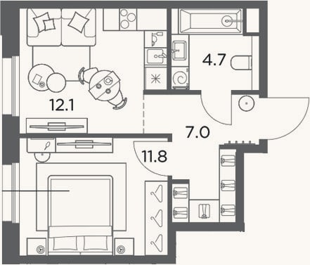 Планировка: 1-к, 35,6 м²
