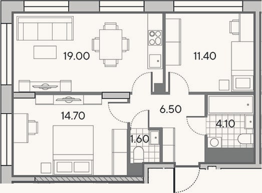 Планировка: 3-к, 57,3 м²
