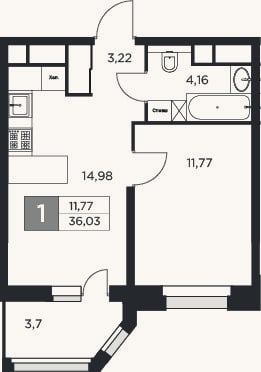 Планировка: 2-к, 34,2 м²