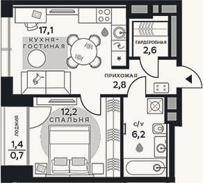 Планировка: 1-к, 40,9 м²