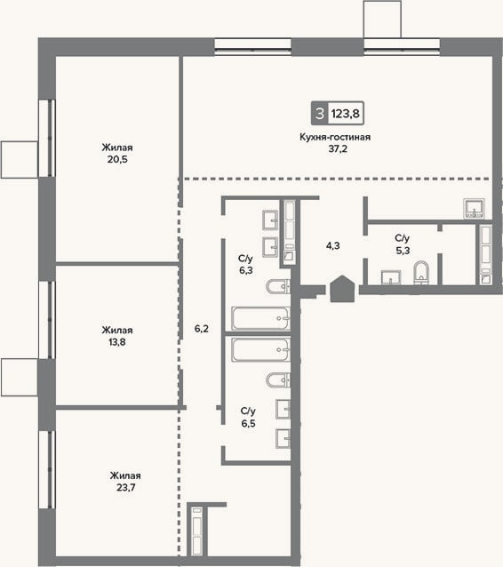 Планировка: 4+ к, 123,8 м²