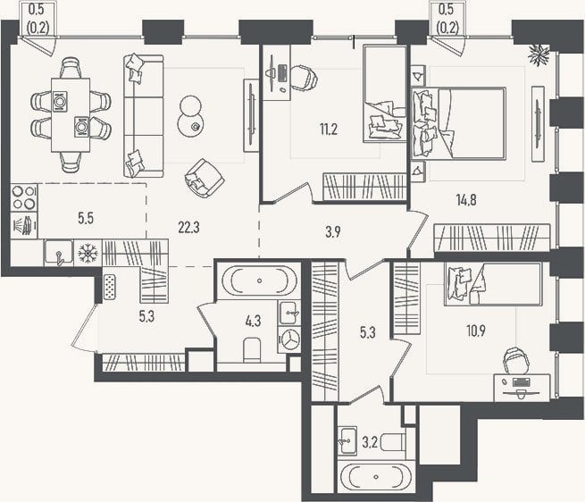 Планировка: 4+ к, 86,1 м²