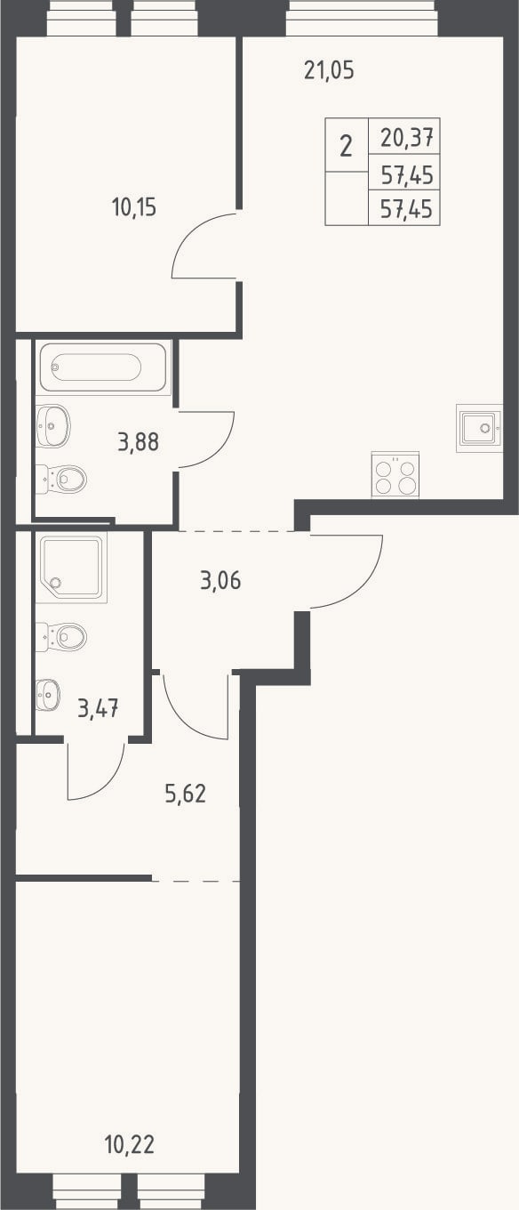 Планировка: 3-к, 57,5 м²